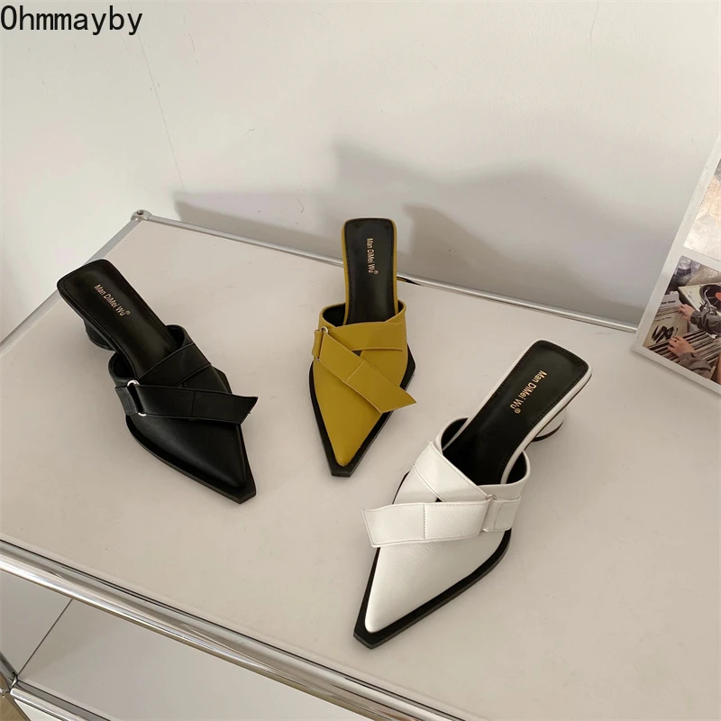 

2022 New Spring Women Slipper Fashion Pointed Toe Round Med Heel Slip On Mules Shoes Ladies Casual Outdoor Slides