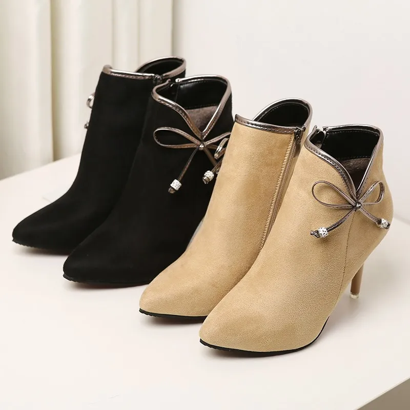 Women's Solid Color Square High Heels Zipper Suede Warm Snow Boots Round Head Suede Side with Snow Boots