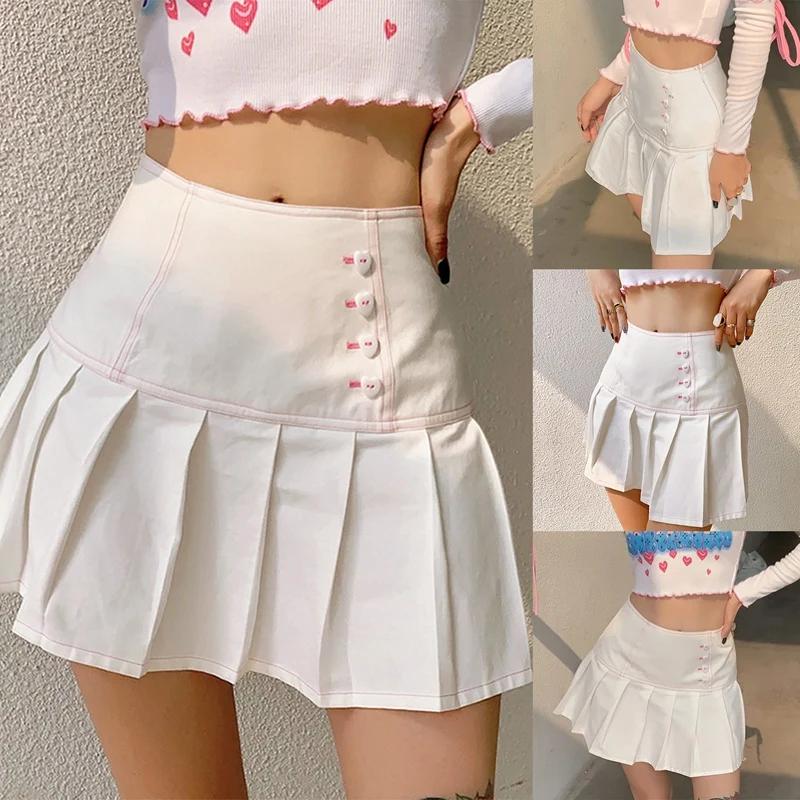

Kawaii Fashion Buttons White Pleated Skirts Y2K Aesthetics Zipper Patchwork High Waist Mini Skirt Outfits