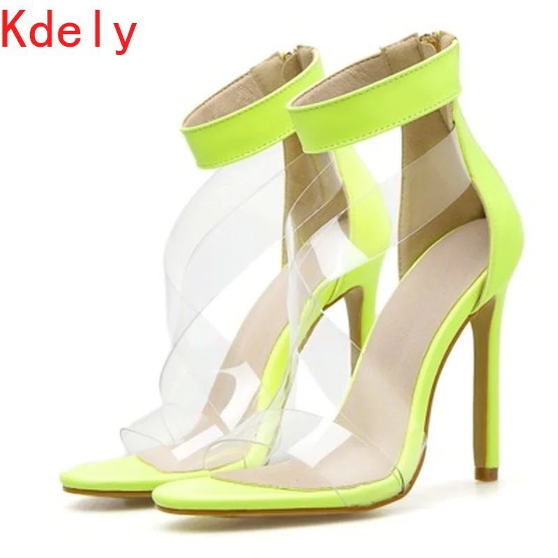 

11CM Fine High Heels Woman Sandals Sexy Ladies Light Green Transparent Cross-tied Shoes Open Toe Back Zipper Women Pumps Fashion