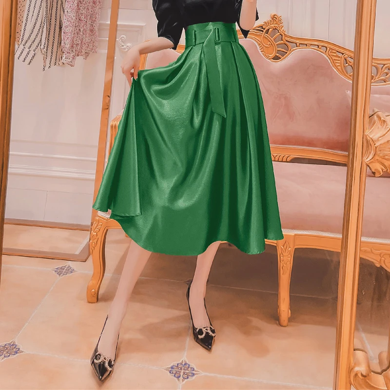 

ECRURANI Fold Pleated Elegant Girdle Midi Skirts For Female High Waist Solid Minimalist Women's Skirt Summer Clothing 2021 Style