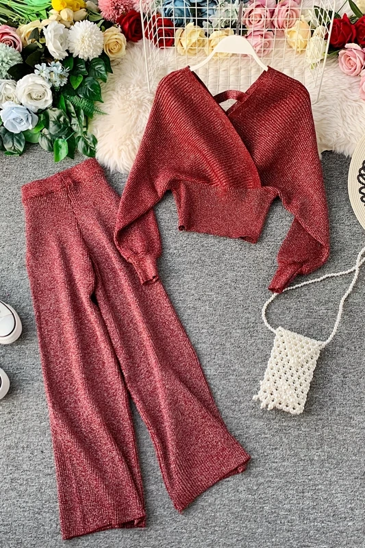 

Women's clothes spring and autumn new retro V-neck sweater + wide-leg pants