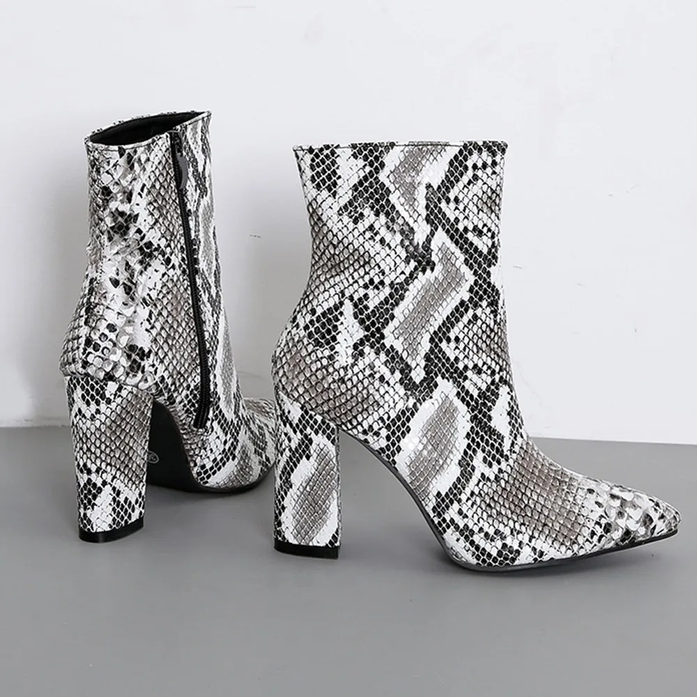 

Tide Tideest Women Snakeskin Leopard Toe Zip Thick Pointed Boots Shoes High Shoes Boots Botas Feminina