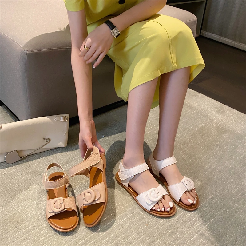 

zapatos de mujer Soft Peep Toe Solid Color Women Sandals Low Heel Hook Loop Flat Shoes Summer Rome Shoes For Women Buckle 2021