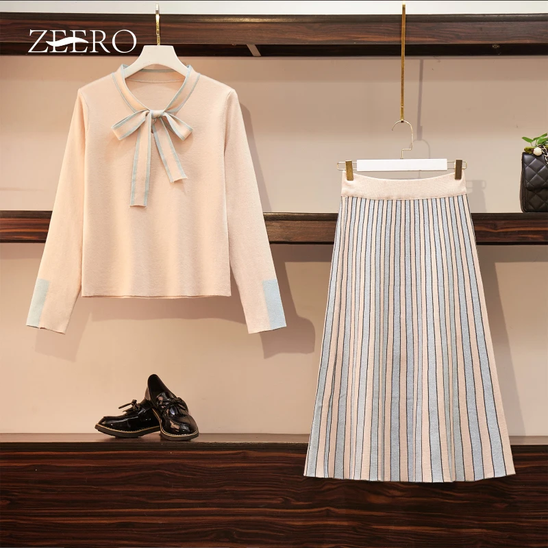 Женский комплект из 2 предметов размера плюс осенне-зимнее Полосатое платье с