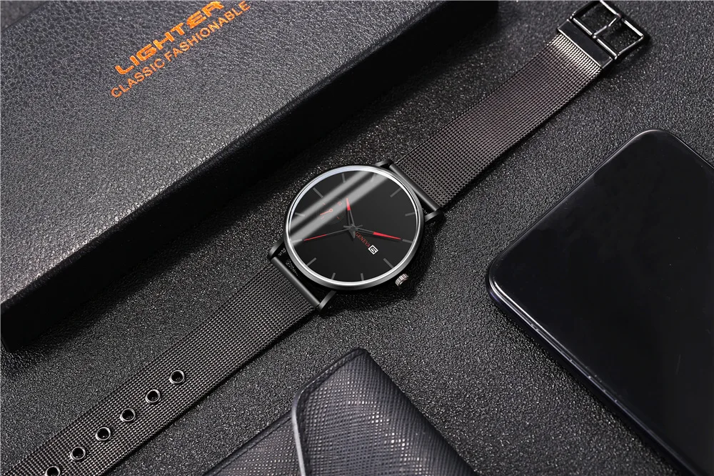 Модные мужские часы с тонким сетчатым ремешком минималистичные наручные для