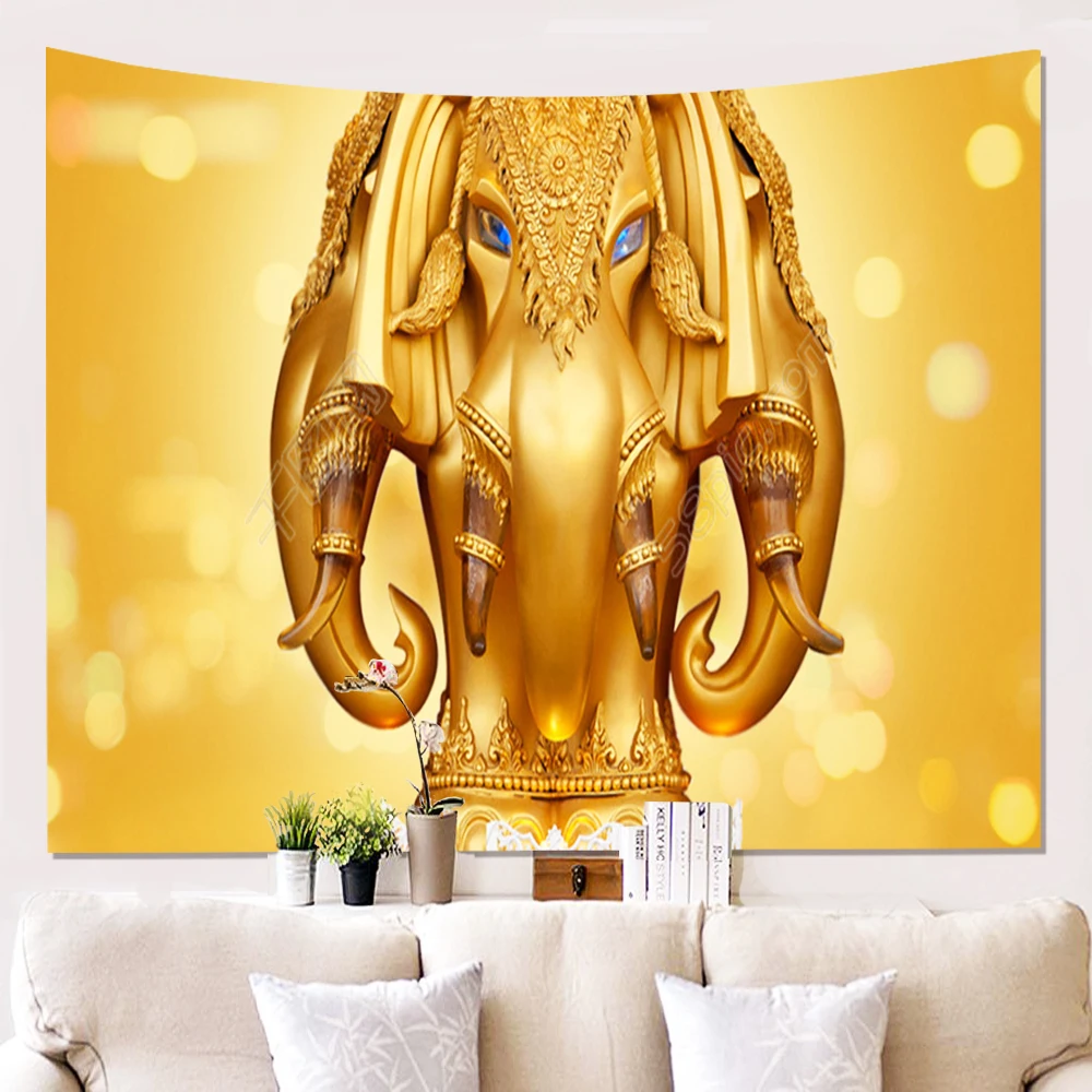 Elephant Wall Tapestry Black & Gold Boho Psychedelic Dorm Tapestry Asian Big Elephant Decor Indian Wall Art Hippie 90x59 Inches