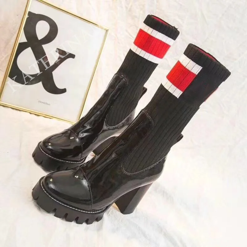 

Luxury Brand Winter Women High Heel Stylish Long Short Sock Boots Knitting Stretch Fabric Patent Leather Ladies Platform Shoes