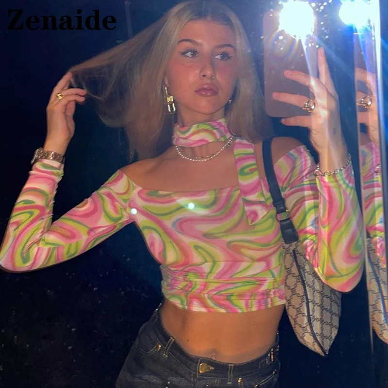 

Женская Винтажная Футболка Zenaide Y2K, укороченный Топ с длинным рукавом и открытыми плечами, с волнистым принтом, Осень-зима