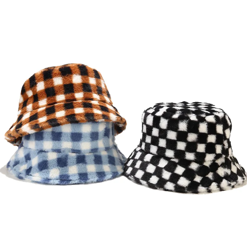 

Ins Black White Plaid Hat Trend Autumn Winter Outdoor Warm Fisherman Hat Cross Border Basin Hat Women Soft Warm Fur