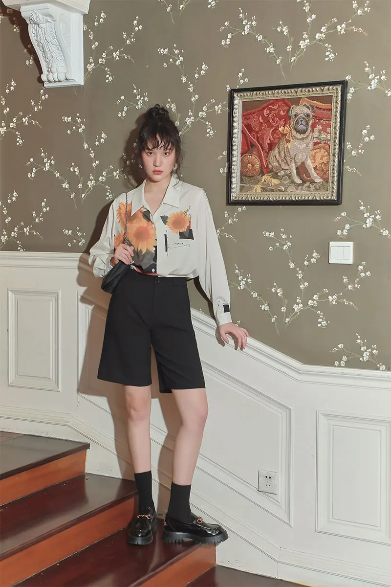 

2021 Spring Women Shirts Loose Oversized French retro sunflower Blouses Female Tops New Lapel Long Sleeve Fit Fashion Tide