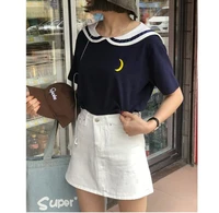 1 piece women harajuku letter t shirt sailor collar kawaii embroidery tee tops female summer short sleeve loose t shirt