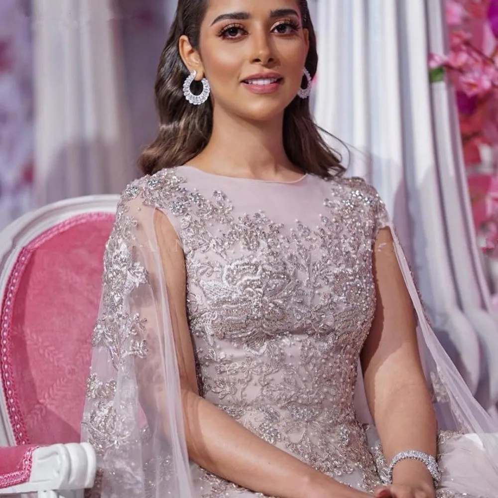 

Dubai Muslim Evening Dresses A-line Scoop Tulle Appliques Pearls Saudi Arabia Long Prom Dress Gown Robe De Soiree