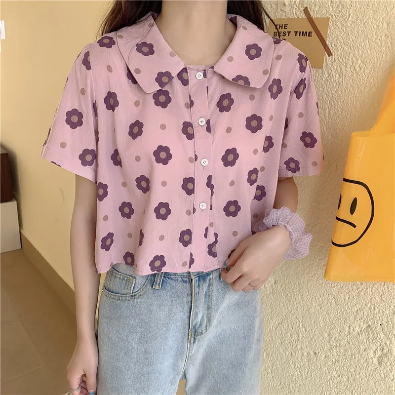 

kawaii sweet style Women's Clothing fashion brand blouse summer crop tops pink white floral peter pan collar shirts ladies hot