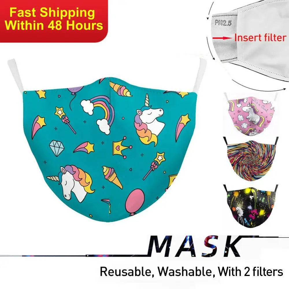 

Zawaland Cute Cartoon Mask Unicorn Print Fabric Mouth Mask Protective PM2.5 Anti-haze Anti Pollution Mouth Masks Washable