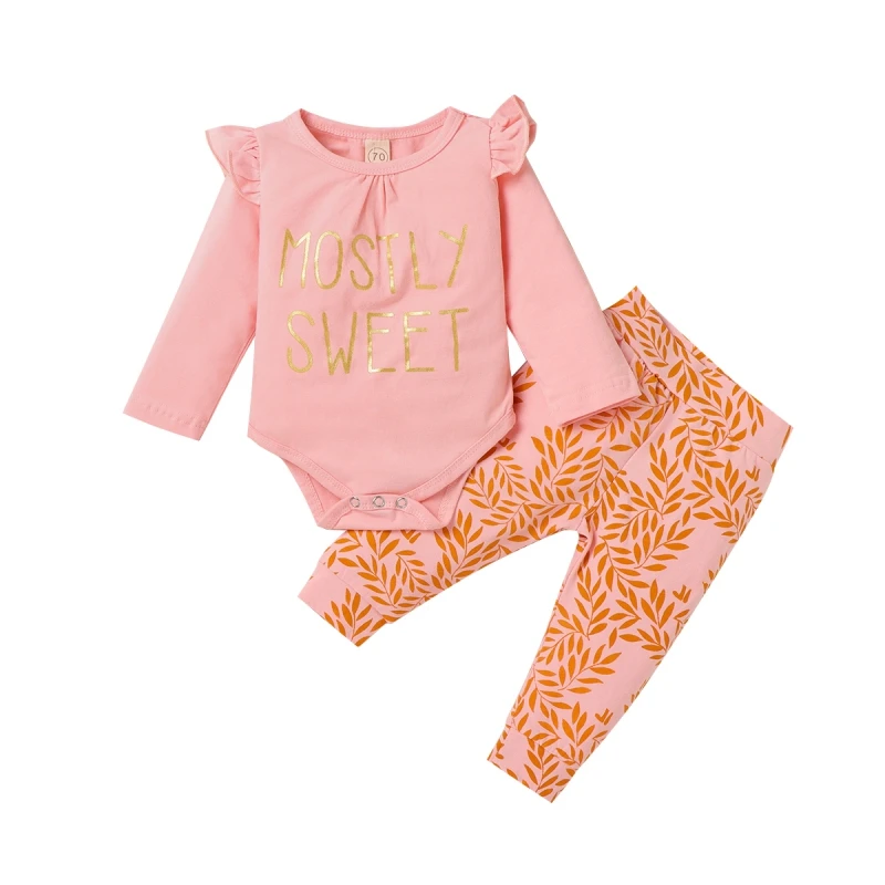 

Ins Fashion Children's Casual Cute Letter Pullover Flying Sleeve Two-piece Baby Sets 2021