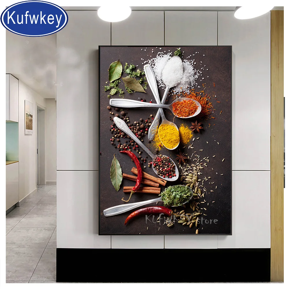 Круглая алмазная живопись вышивка крестиком зерна ложки перец еда полная