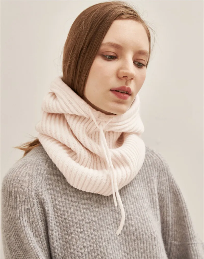 100%merino wool knit hooded scarf beanies adjustable size 35x50cm for unisex