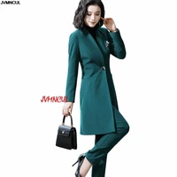 women work pant suit green black 2 piece set 2019 new fall winter one button long blazer jacket coat and pant for office lady