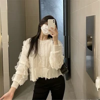 temperament fashion mesh stitched ruffle knit sweater women round neck long sleeve knitted pullover sweaters