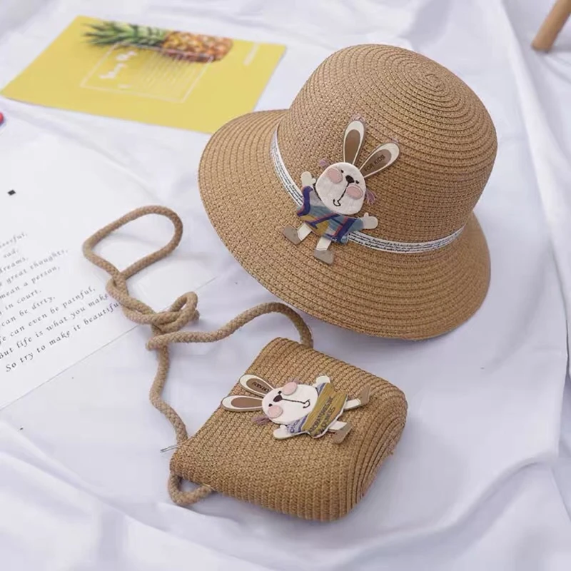 

2021 Baby Summer Straw Hat Girls Children Bunny Cap Sun Hat Shoulder Handbag Bag GXMB