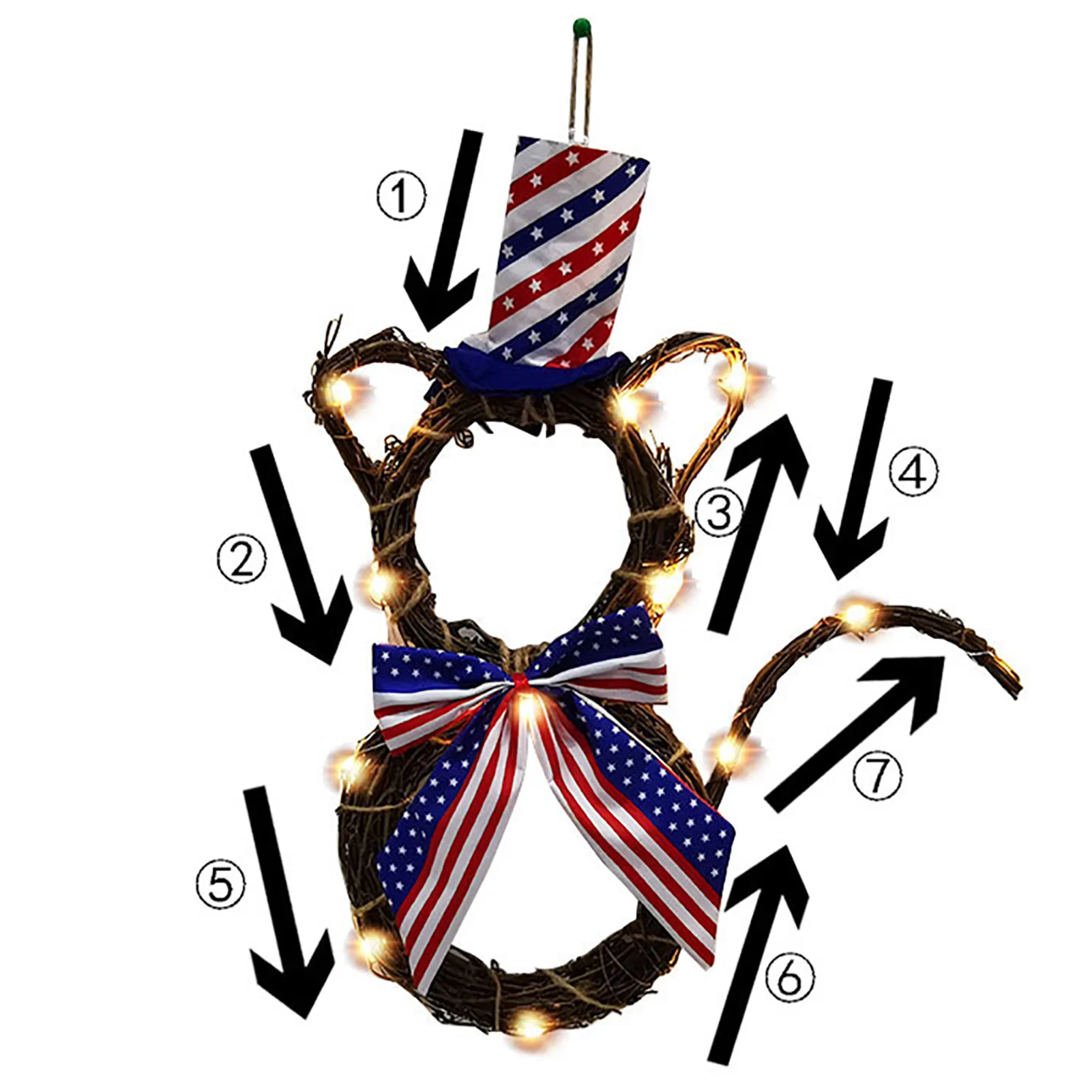 

US Independence Day Wreath Cat Shape With Lighted Rattan Ring Star Strip Top Hat LED Light Cat Rattan Ring Decoration Pendant