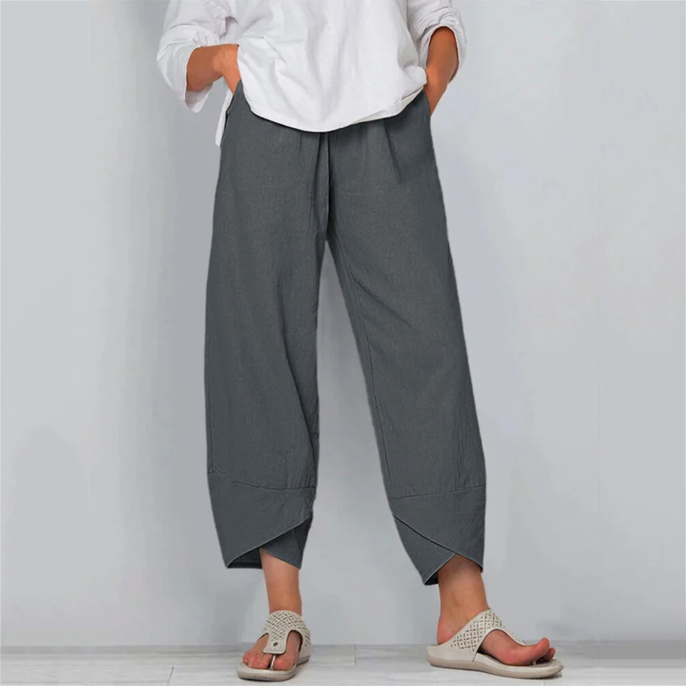 

Women Solid Color Pocket Irregular Hem Loose Cropped Pants Cotton Linen Trousers with Pockets Irregular Hem Loose Style Pants
