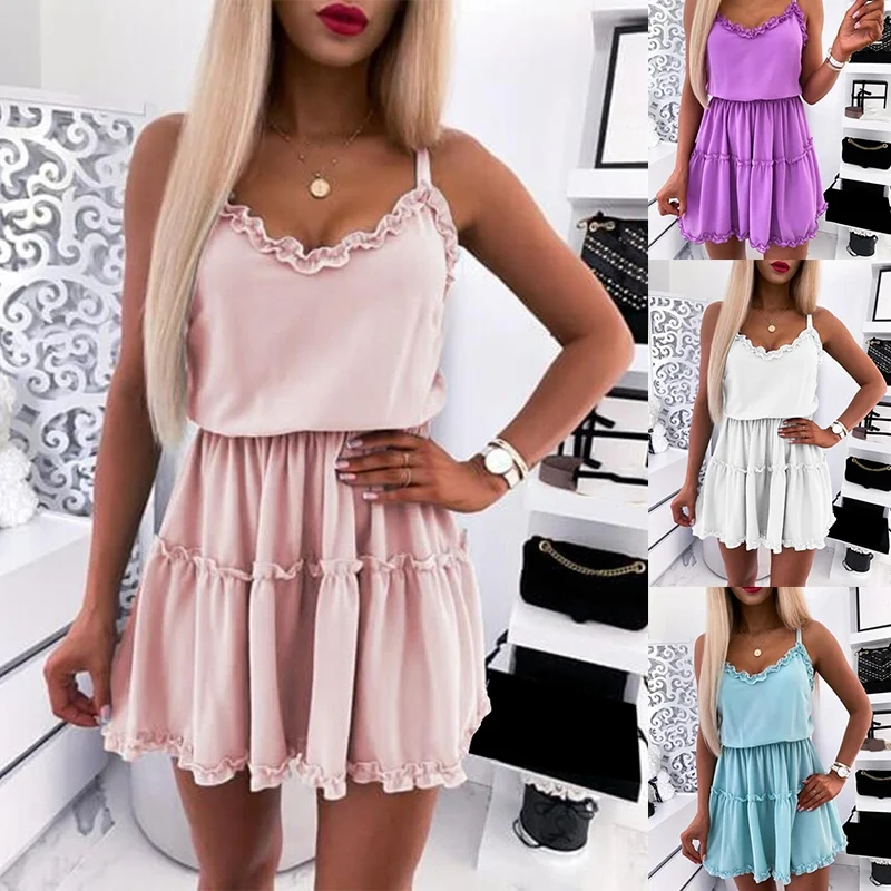 

Женские вечерние платья без рукавов с v-образным вырезом, летнее повседневное свободное мини-платье, однотонное короткое плиссированное пл...