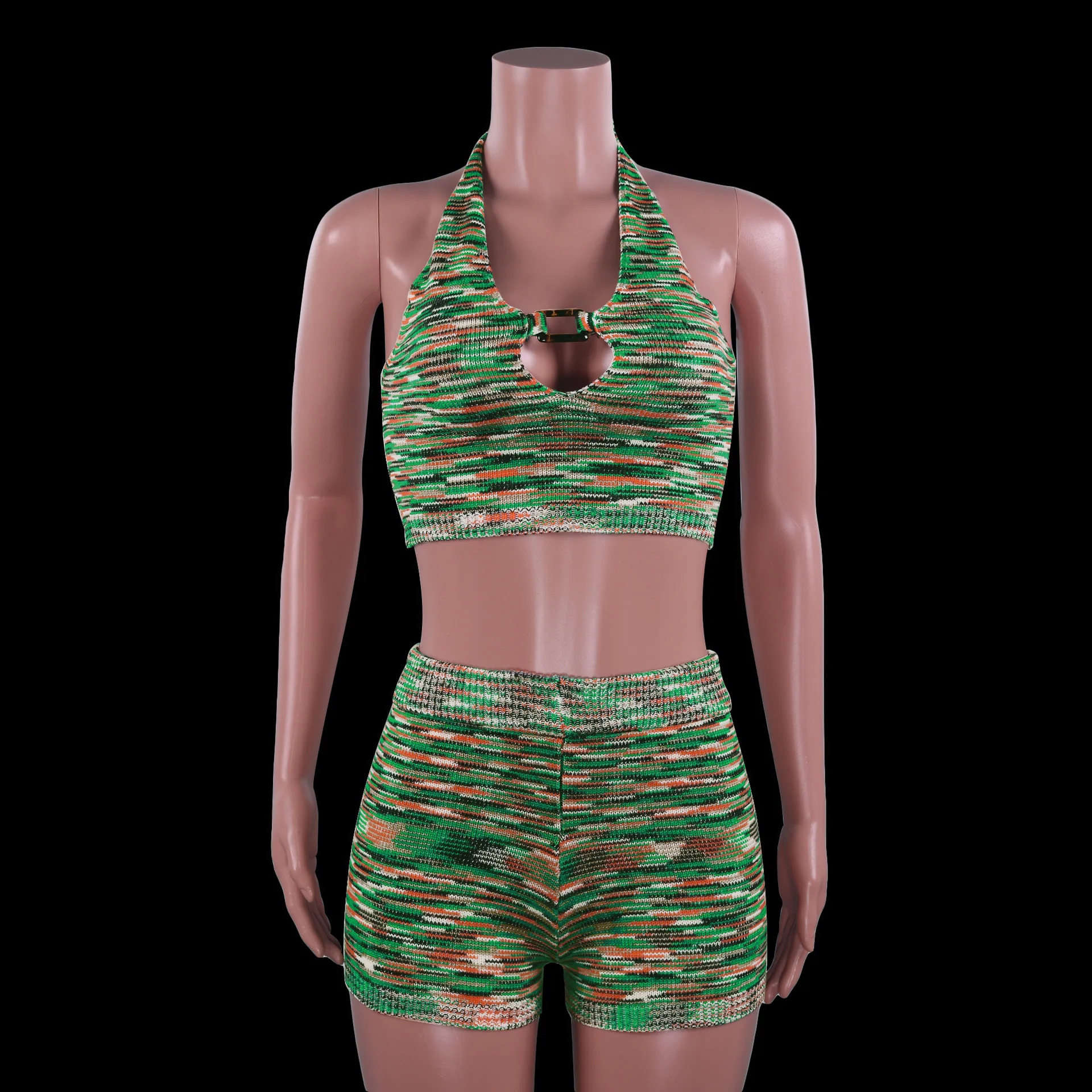 

Adogirl Women Knitted Camouflage Two Piece Sets Casual Halter Crop Top And Biker Shorts Tracksuit Female Outfits Summer Set