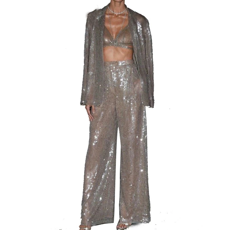 Vefadisa Осенний женский однотонный костюм для подиума с блестками свободная куртка