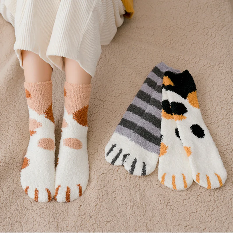 Fuzzy Fluffy Terry Warm Socks Animal Claws Coral Velvet Winter Kawaii Thick Striped Cartoon Women Short Cute | Женская одежда
