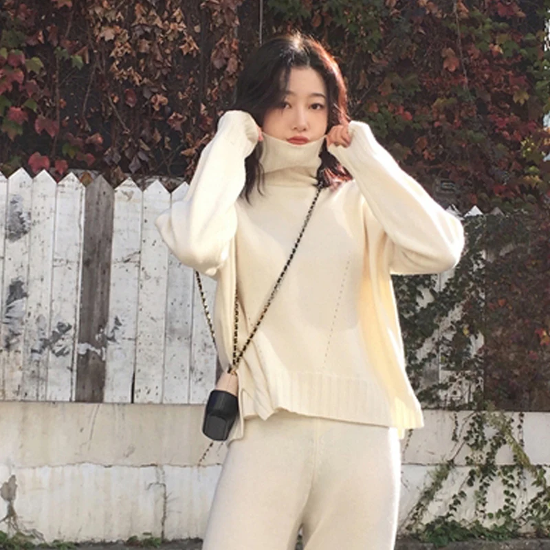 

2 Piece Set Women Turtleneck Long Sleeve Loose Shirts 9/10 Pants Korean Style Casual Women Set 2019 Autumn Winter Tracksuit