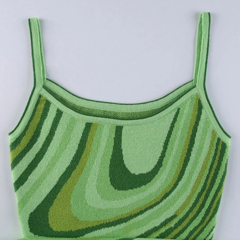 

Y2K Green Summer Knit Dress Party Floral Print Skinny Sexy Halter Dress Sleeveless Mini Casual Fashion Street woman Dress