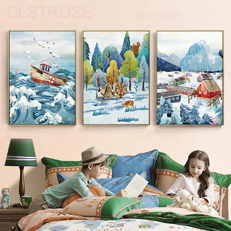 

Children's Room Decoration Canvas Painting Cartoon Natural Landscape Art Aesthetic Poster Forest Snow Mountain Print Pictures