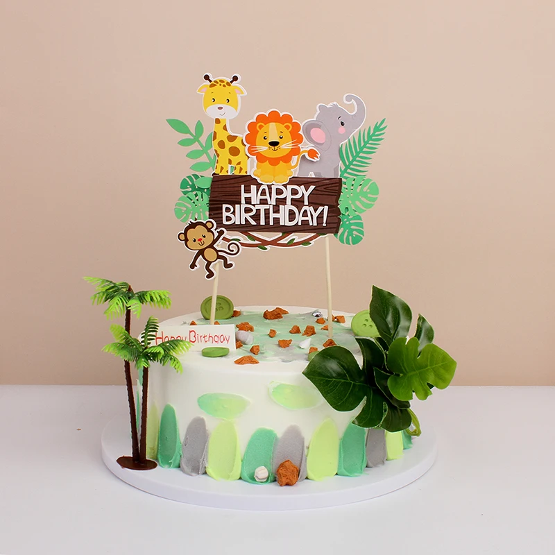 Wild Amimals Cake Topper Safari Jungle Animal Cake Flag Palm Leaves Boy Girl Birthday Party Decoration Kid Forest Party Supplies