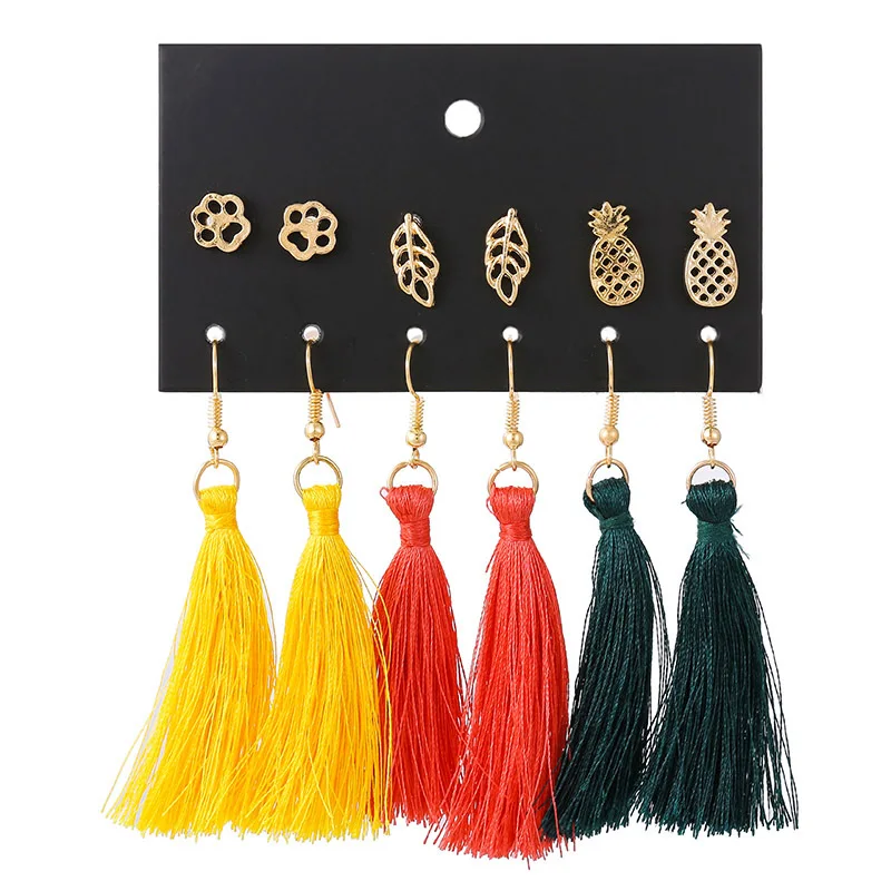 Набор серег в виде листьев из ананаса 6 парт/УП. длинные красочные серьги богемном