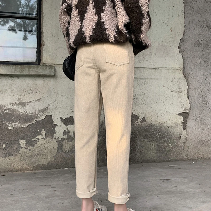 

S-5XL Autumn Winter Corduroy Pants for Women Trousers Black Zipper Harem Pant High Waist Elastic Waist Ankle-Length Pant Trouser