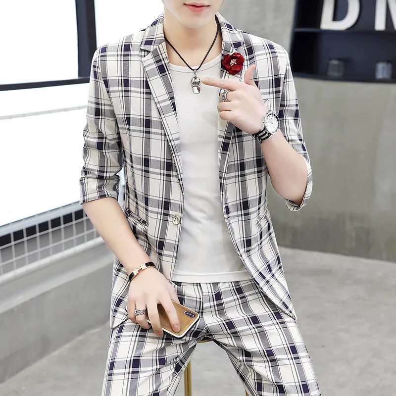 

Spring 2021 New Suit Set Men's Two Piece Young Korean Fit Suit Best Man Groom Wedding Dress Plaid British Style