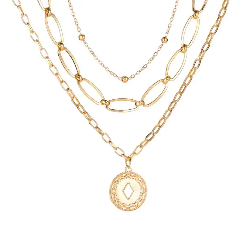 

2021 Ladies Necklace Fashion Multi-Layer Necklace Round Card Pendant Clavicle Chain Simple Sweater Chain Jewelry Gift