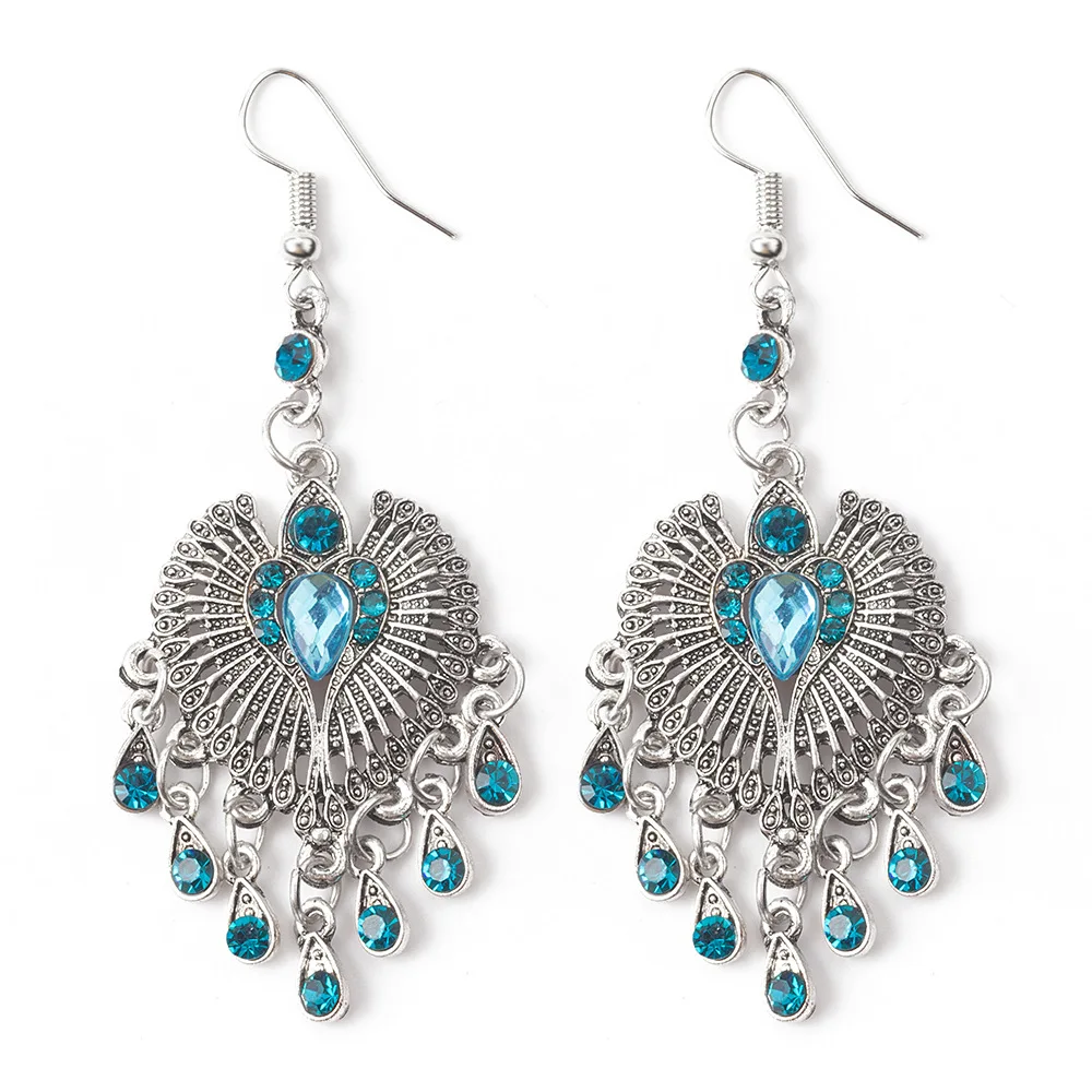 

Retro hollow peach heart drop earrings with diamonds Bohemian tassel ethnic style