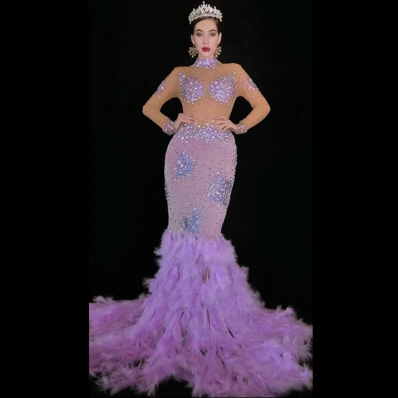 

Bright Rhinestones Purple Feather Train Long Dress Birthday Evening Celebrate Dress Female Singer Performance Sexy Costume