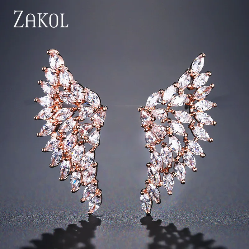 ZAKOL женские серьги-гвоздики с большими крыльями и блестящим цирконием в