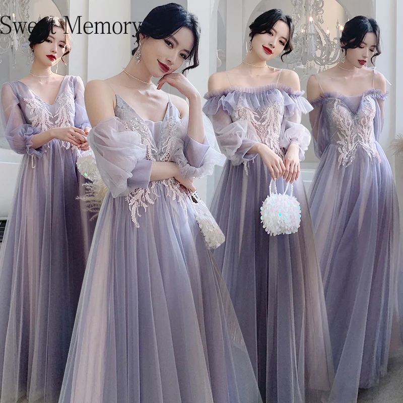 

Purple Bridesmaid Dresses Tulle Women Formal Gown Three Quater Long Sleeve Plus Size Robe De Soiree Wedding Party