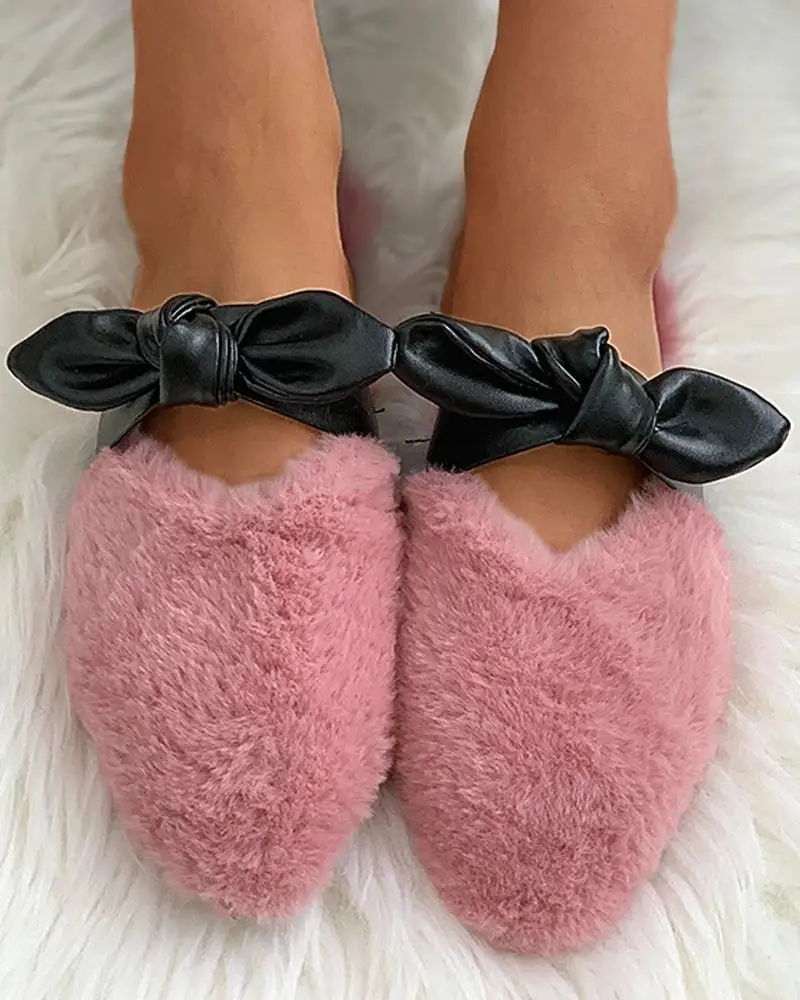 

Faux Fur Slippers Mules With Bow Girls Plush Slippers For Women Warm Slippers Home Fluffy Slides Women House Shoes Woman Slipper