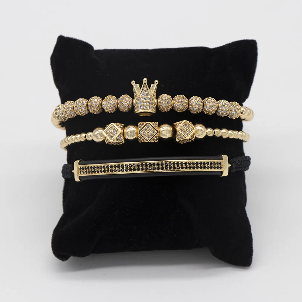 3pcs set gold Мода роскошный Римский Королевский браслет с шармом с короной для мужчин Золотой Плетеный Регулируемый мужской браслет для хип хоп ювелирный подарок - Metal Color: 3pcs set gold