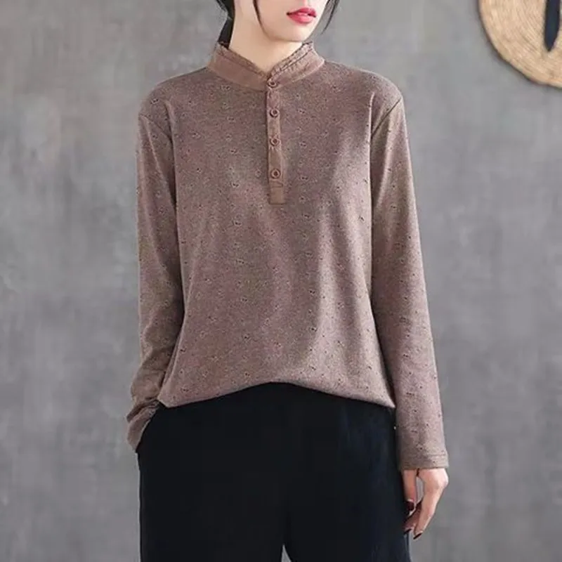 

Cotton Tshirt Women Long Sleeve Stand Collar Print Tops Spring Autumn All-matched Casual T shirts Female Tees Plus Size t-shirts