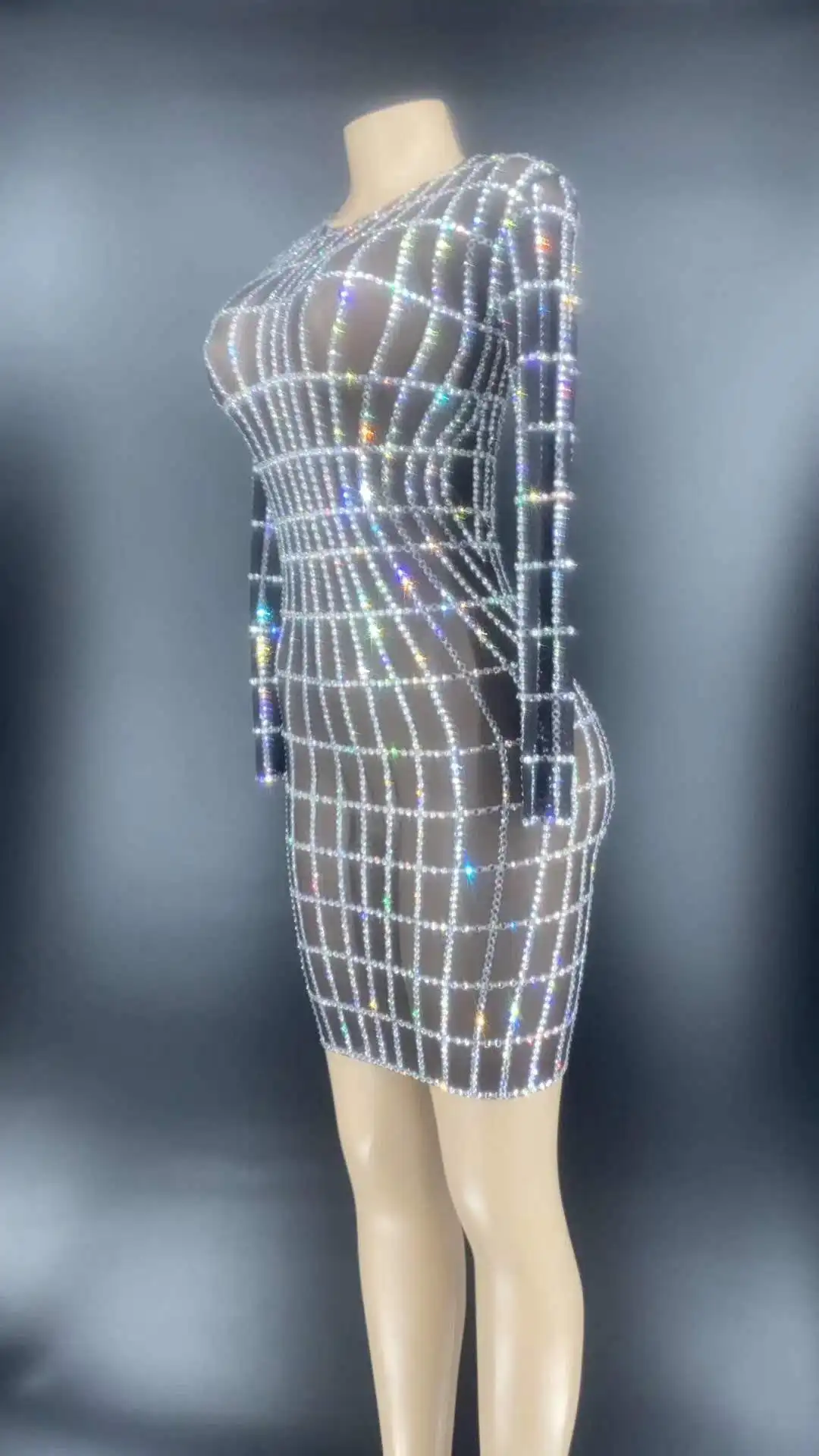 

Sparkly Long Sleeve Transparent Beading Women's Birthday Prom Celebrate Outfit 2020 Real Photo Women Dancer Fringes Dress