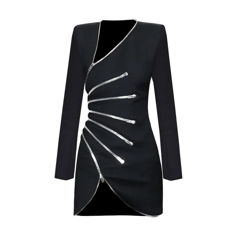 

Fashion 2021 Autumn Luxury Women Zippers Black Long Sleeve Slim Dress For Female Clothes Ydy