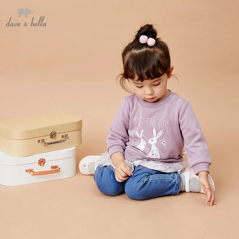

DBZ15035 dave bella autumn baby girls cartoon letter patchwork floral T-shirt children tops girls cute button kids fashion tees
