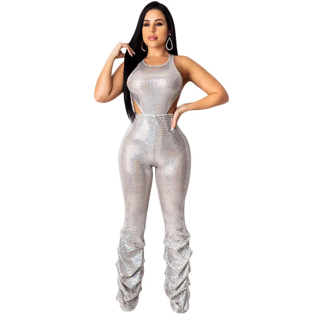 Женский Блестящий Комбинезон с круглым вырезом Обтягивающие Комбинезоны